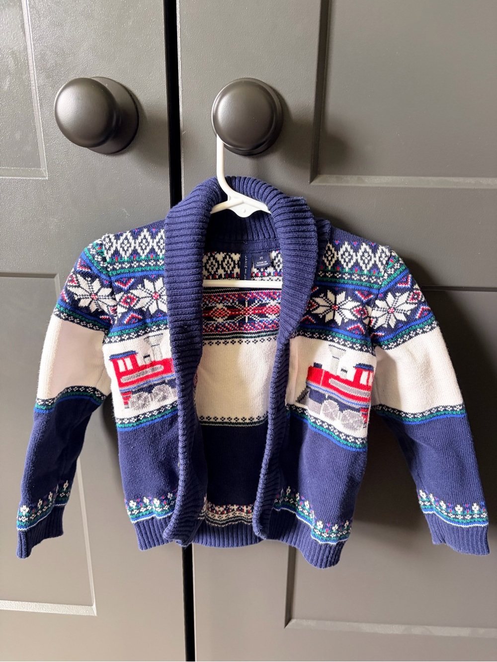 Janie and Jack Navy Fair Isle Shawl Collar Cardigan with Red Train Motif